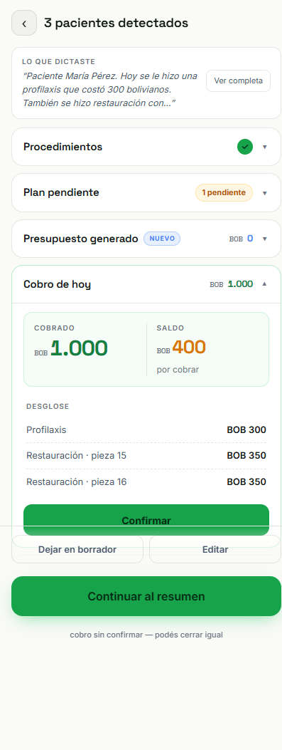 Borrador real con cobro y procedimientos en DentiMed