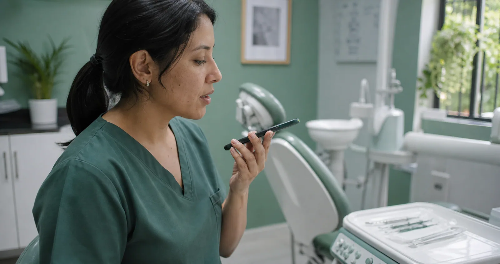 Odontóloga dictando una nota de voz entre pacientes