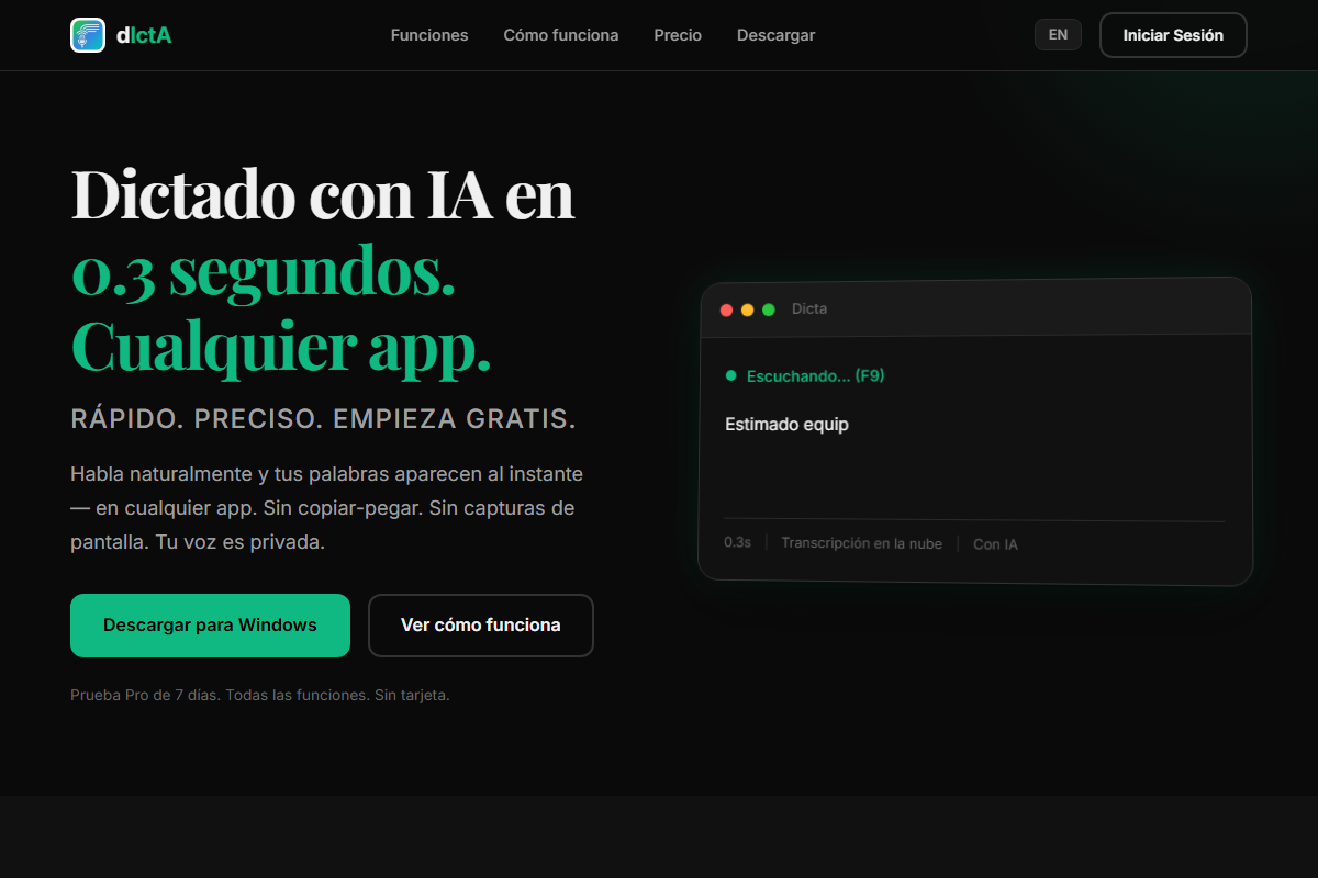 Vista real de Dicta, producto de dictado por voz de InnovaAI